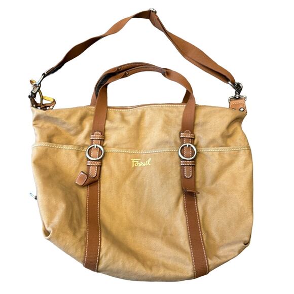 Fossil Brown Canvas Leather Crossbody Tote Bag - Picture 1 of 13